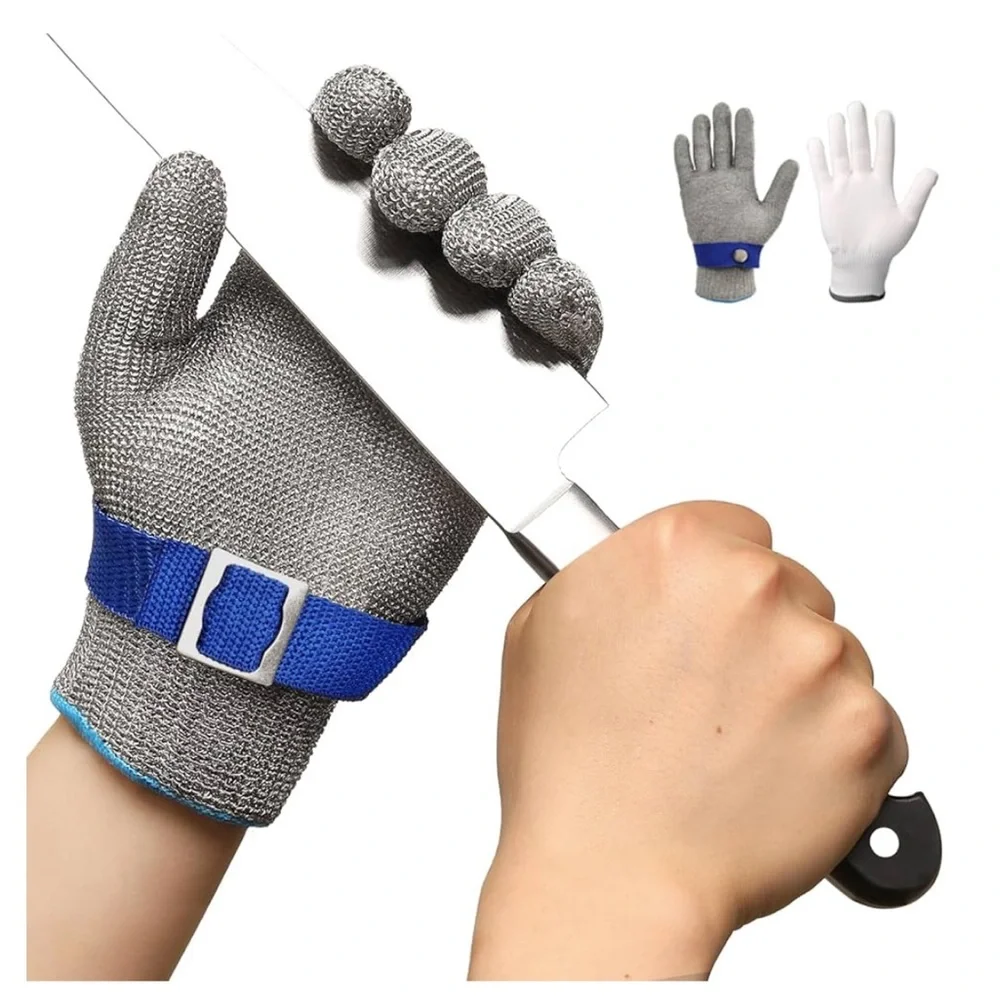 Stainless Steel Cut-Resistant Glove with Blue Strap